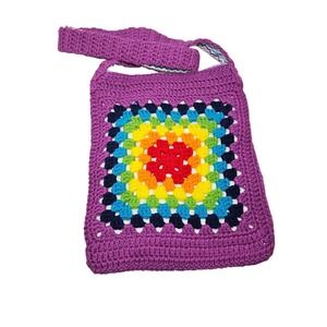 Unique Handmade Crochet Rainbow GrannySquare Purple Crossbody Bag Lined Zip Boho